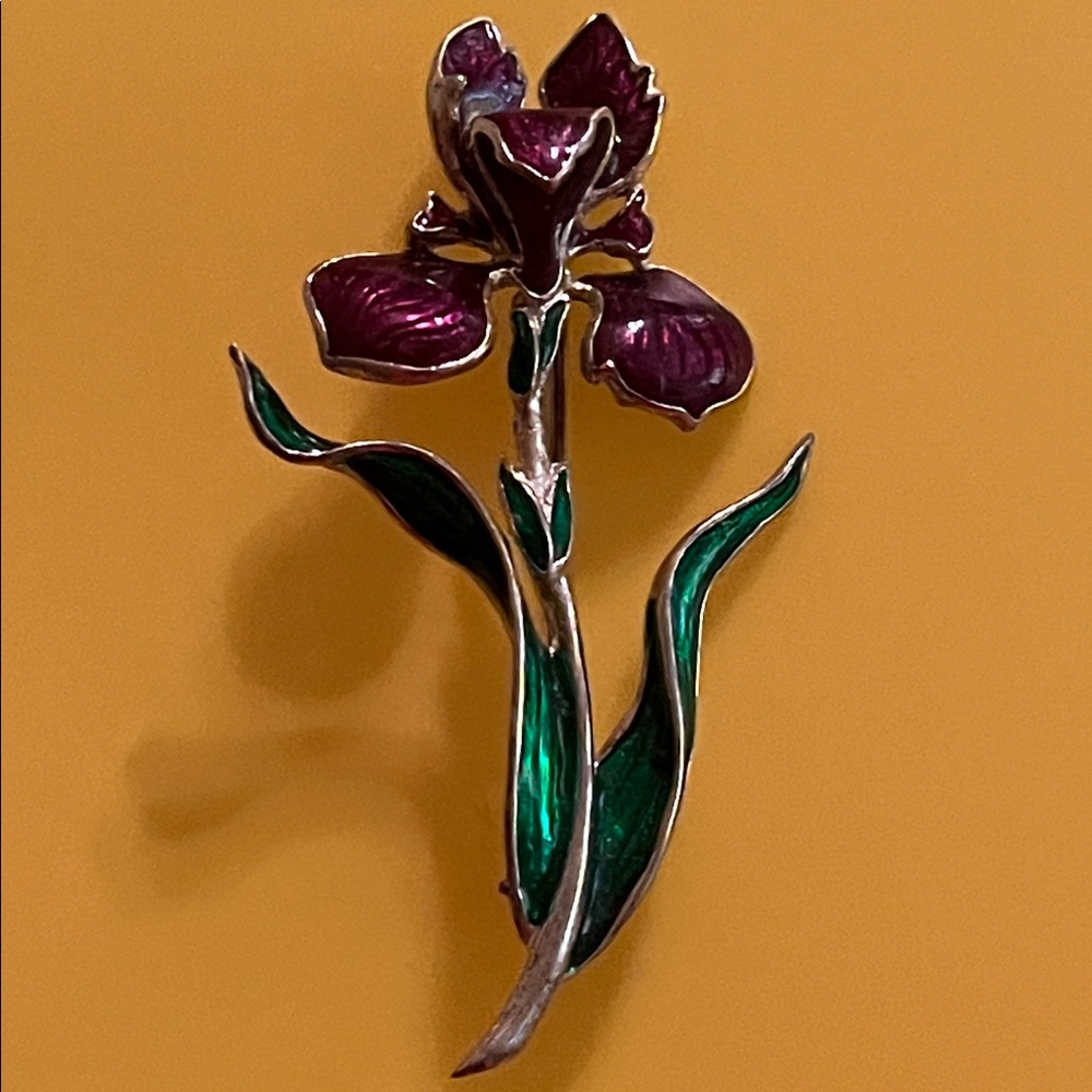 Vintage enamelware purple iris green leaves brooch pin signed hallmark stamp EUC